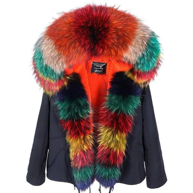 Hooded women's puffer coats in neon colors for high - visibility sportsWomen's Multicolor Racoon Fur Collared Full Sleeved Hooded Winter Jacket