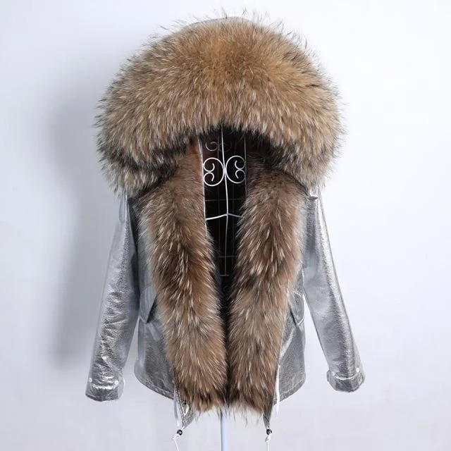 Women's long - sleeve wool coats in a houndstooth pattern for a classic charmWomen's Natural Fox Fur Collared Full Sleeves Thick and Warm Winter Jacket