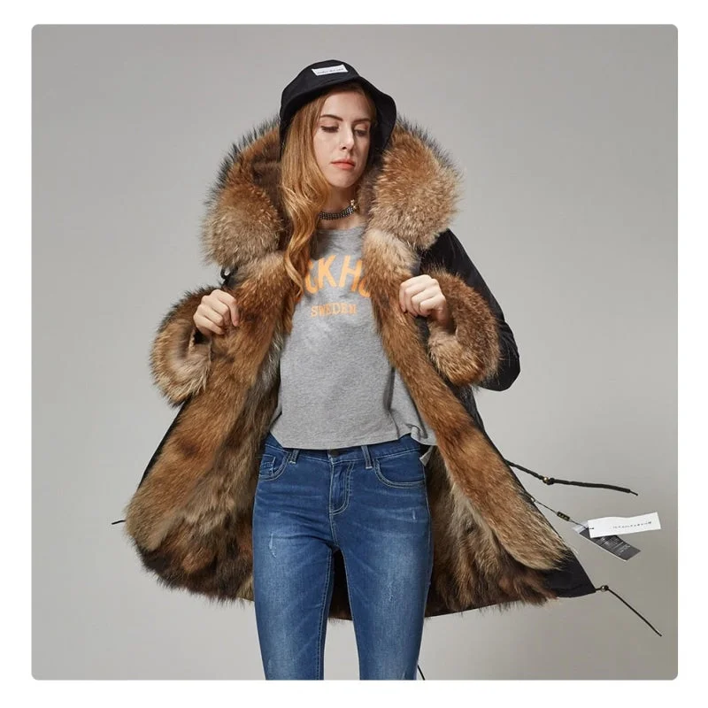 Mid - length women's down coats in a slim fit for a modern and sleek appearanceWomen's Natural Raccoon Fur Collar and Sleeves Long Winter Jacket Mid - length women's down coats in a slim fit for a modern and sleek appearanceWomen's Natural Raccoon Fur Collar and Sleeves Long Winter Jacket