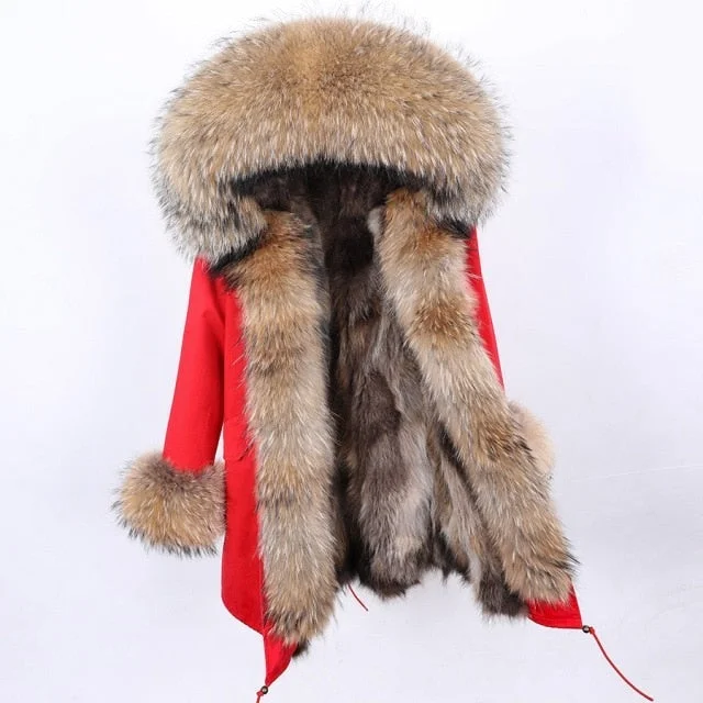 Oversized women's wool coats in a monochromatic look for a trendy outfitWomen's Natural Raccoon Fur Collar Hood and Sleeves Long Winter Jacket Oversized women's wool coats in a monochromatic look for a trendy outfitWomen's Natural Raccoon Fur Collar Hood and Sleeves Long Winter Jacket