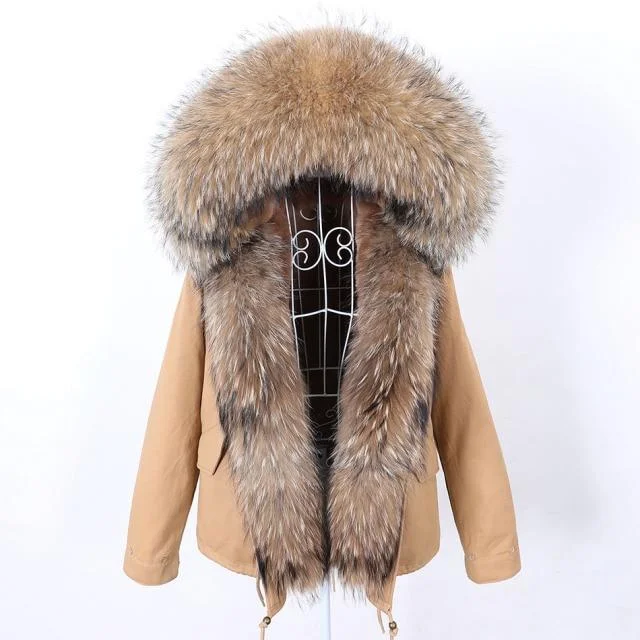 Women's longline double - breasted camel coats for a sophisticated lookWomen's Natural Racoon Fur Collared Full Sleeves Winter Hooded Jacket