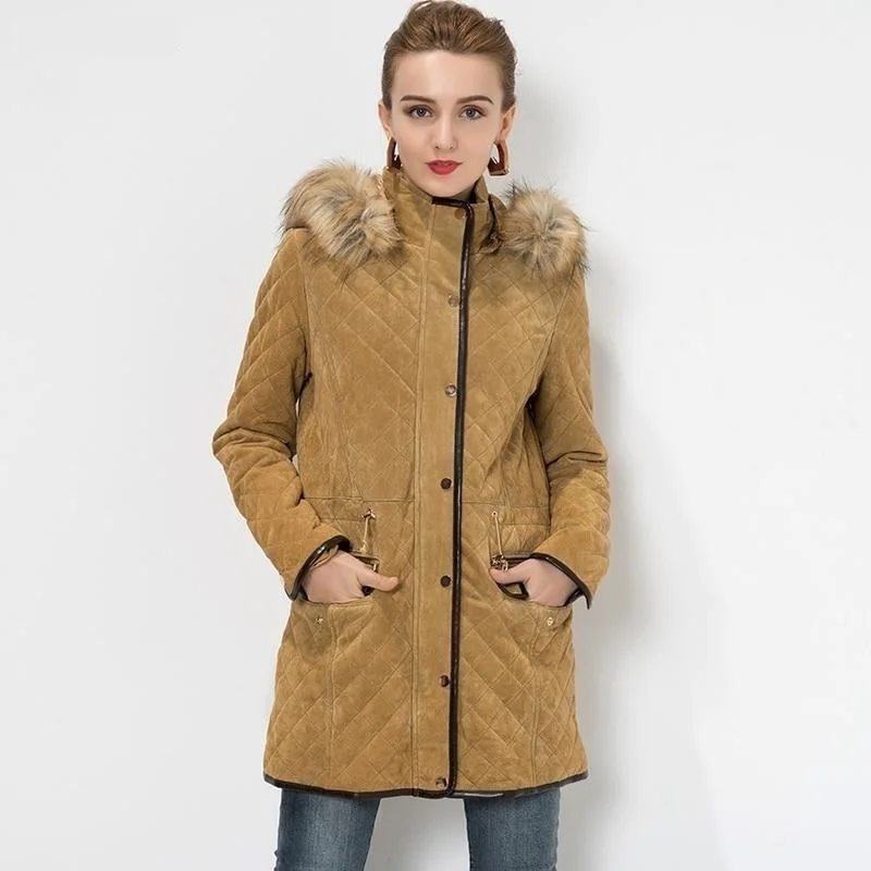 Women's long - sleeve wool coats in a houndstooth pattern for a classic charmWomen's Pigskin Detachable Hooded Faux fur Collar Leather Winter Jacket Women's long - sleeve wool coats in a houndstooth pattern for a classic charmWomen's Pigskin Detachable Hooded Faux fur Collar Leather Winter Jacket