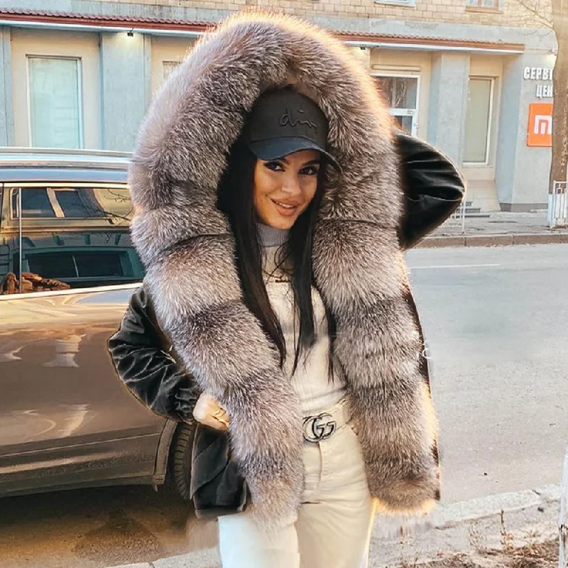 Women's cropped leather coats with silver studs for an edgy lookWomen's Real Fox Fur Collared Full Sleeved Thick Warm Hooded Winter Jacket