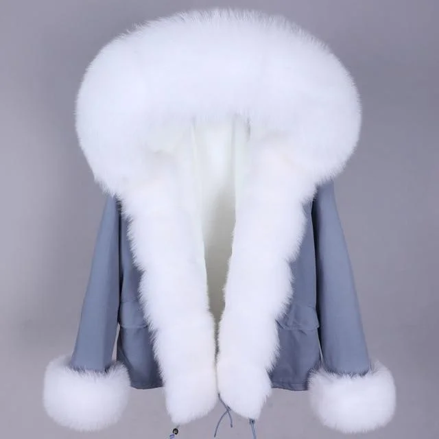 Women's cropped leather coats with silver studs for an edgy lookWomen's Real Fox Raccoon Fur Full Sleeve Coat Thick Warm Hood Winter Jacket
