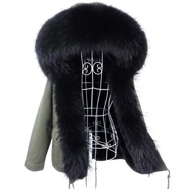 Water - resistant women's trench coats with adjustable cuffs for rainy daysWomen's Real Racoon Fur Collared Full Sleeves Zipper Closed Hooded Jacket