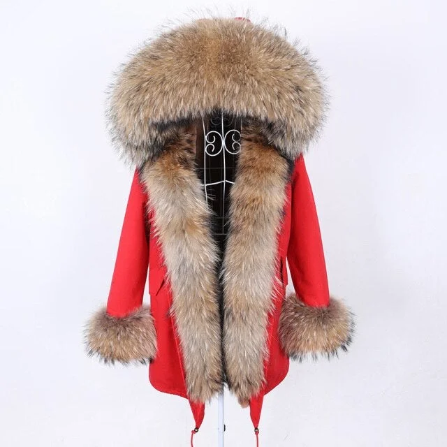 Long women's mac coats in a lightweight fabric for spring showersWomen's Red Color Natural Racoon Fur Collared Coat Parka Jacket for Winter