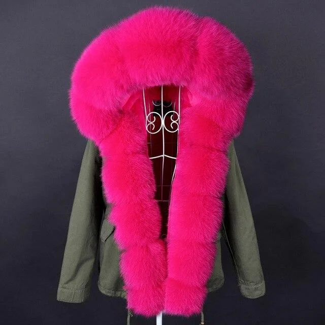 Long women's mac coats in a lightweight fabric for spring showersWomen's Rose Red Color Racoon Fur Collared Full Sleeves Winter Hooded Jacket