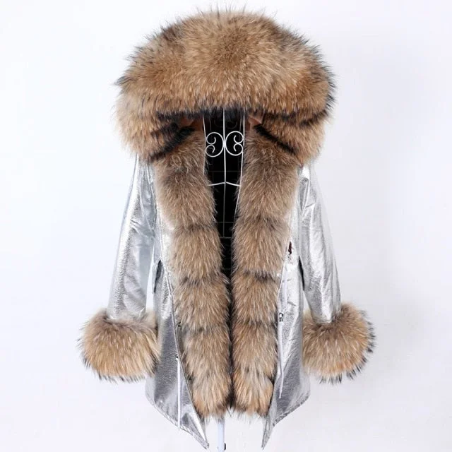 Women's knee - length wool blend coats with a fur collar for added warmthWomen's Silver Color Hooded Long-Sleeved Jacket with Real Fox Fur Collar