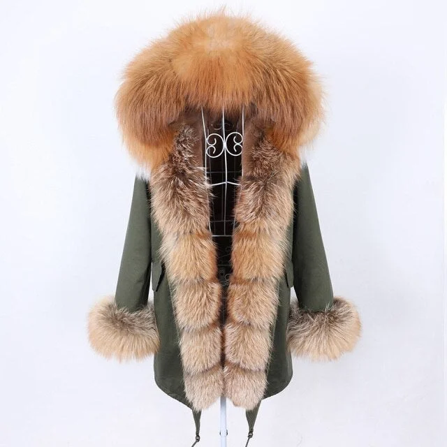 Belted women's cashmere coats in soft pastels for a luxurious feelWomen's Stylish Natural Fur Collar Hooded Long-Sleeved Solid Color Jacket