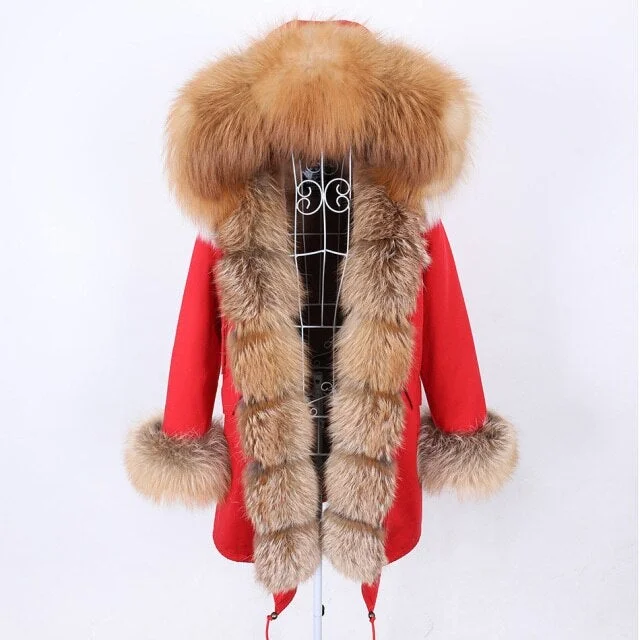 Oversized women's wool coats in a monochromatic look for a trendy outfitWomen's Stylish Natural Fur Collar Hooded Long-Sleeved Winter Jacket in Red