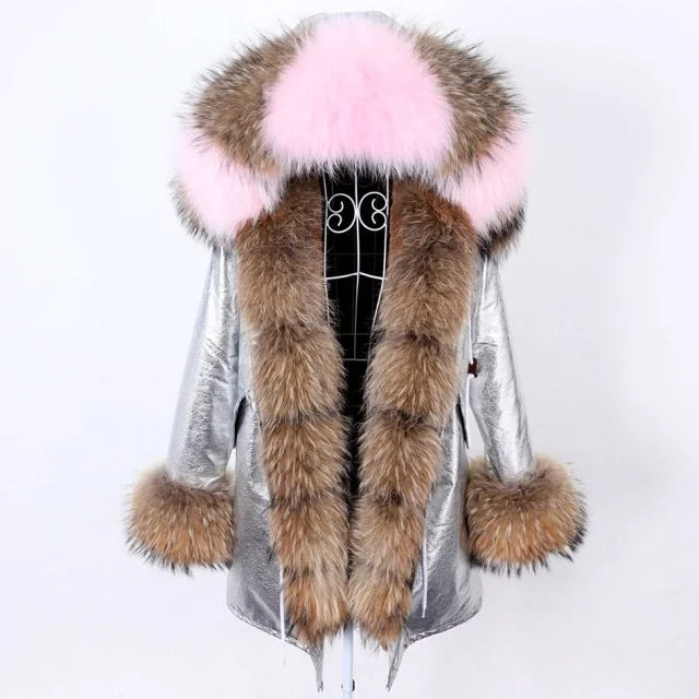 Hooded women's puffer coats in neon colors for high - visibility sportsWomen's Stylish Silver Color Hooded Long-Sleeved Winter Jacket with Fur Collar