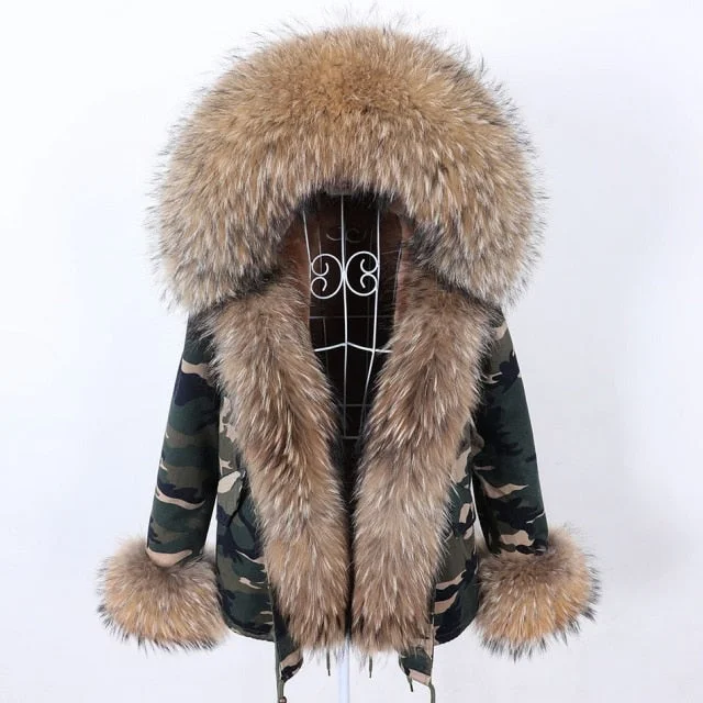 Checkered women's wool coats in a classic pattern for a timeless styleWomen's Thick and Warm Parkas with Natural Racoon Fur Sleeves and Collar