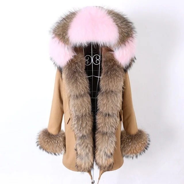 Plus size women's wool blend coats for a warm and stylish winterWomen's Thick and Warm Winter Natural Racoon Fur Collar Khaki Color Jacket