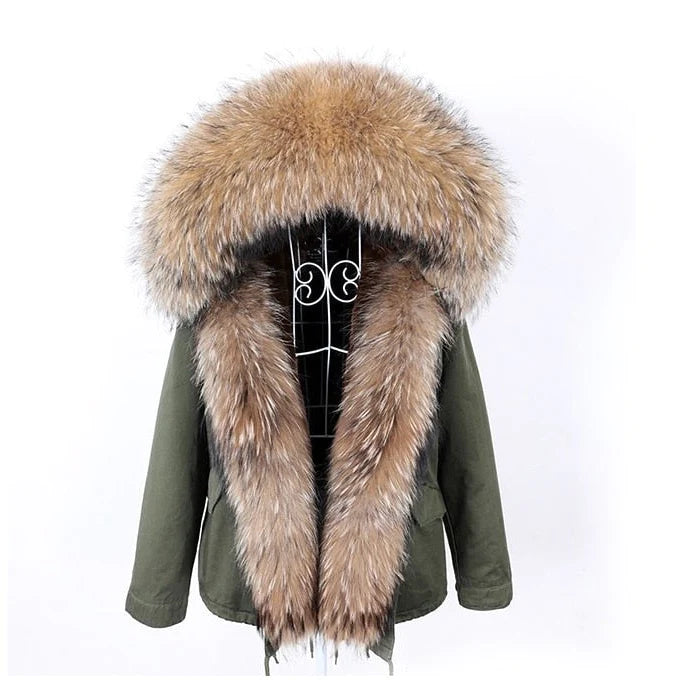 Women's long - sleeve wool coats in a houndstooth pattern for a classic charmWomen's Thick Warm Fox Fur Collared Full Sleeves Slim Fit Winter Jacket