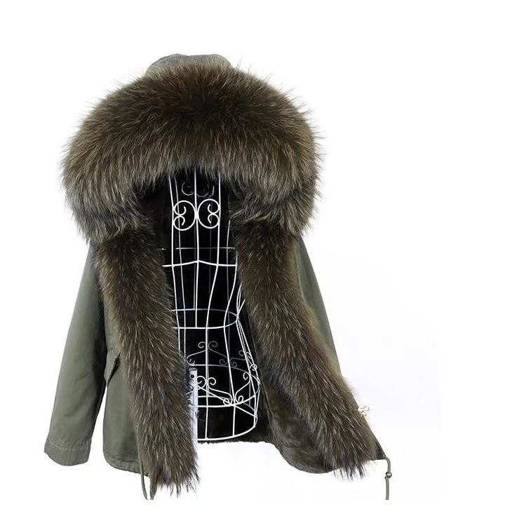 Oversized women's wool coats in a monochromatic look for a trendy outfitWomen's Thick Warm Racoon Fur Collared Zipper closed Hooded Winter Jacket