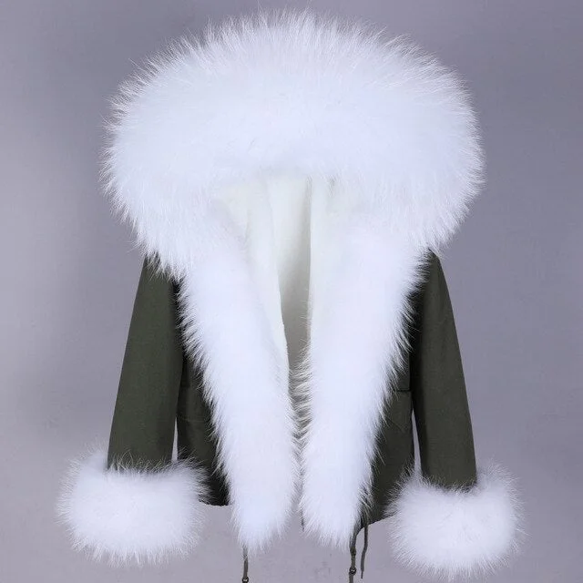 Water - resistant women's trench coats with adjustable cuffs for rainy daysWomen's Warm Winter Contrast Natural Racoon Fur Sleeves and Collar Parkas
