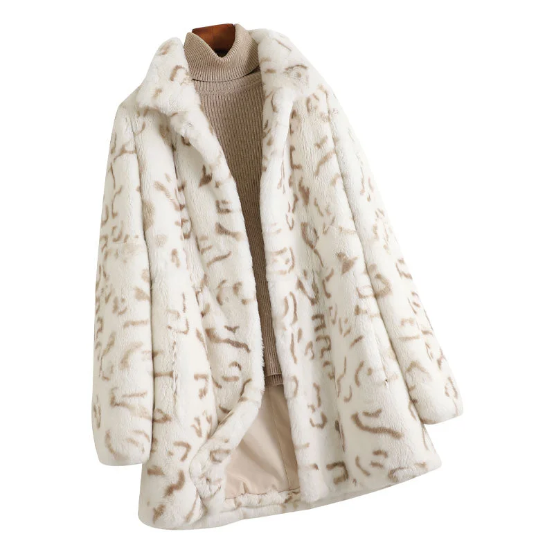 Women's long - sleeve wool coats in a houndstooth pattern for a classic charmWomen's Warm Winter Fashion Rex Rabbit Fur Leopard Printed Coats Women's long - sleeve wool coats in a houndstooth pattern for a classic charmWomen's Warm Winter Fashion Rex Rabbit Fur Leopard Printed Coats