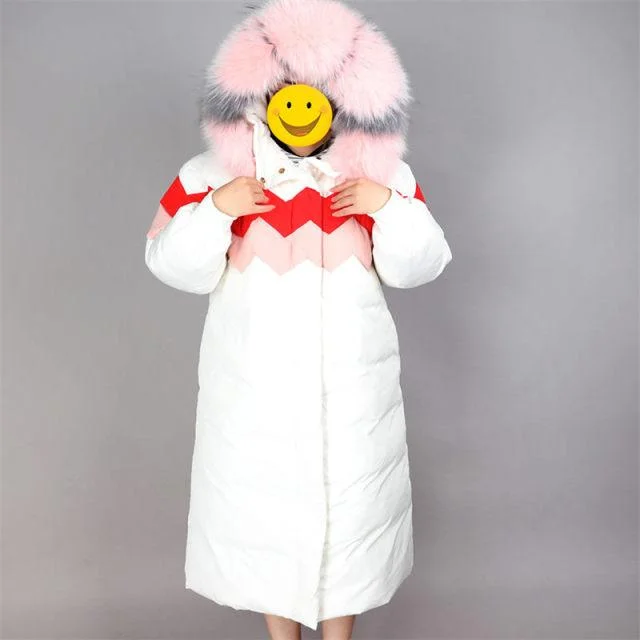 Women's long - sleeve wool coats in a houndstooth pattern for a classic charmWomen's Waterproof Real Raccoon Fur Hooded Loose Long Down Coats & Jackets