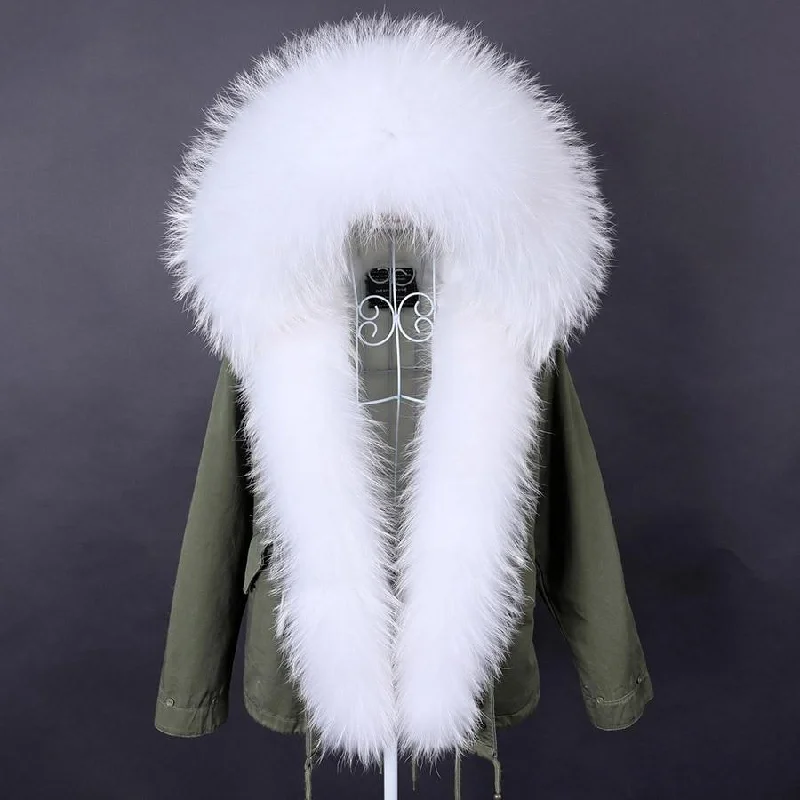 Women's pea coats with brass buttons for a nautical - inspired styleWomen's White Natural Racoon Fur Collared Full Sleeves Winter Hooded Jacket