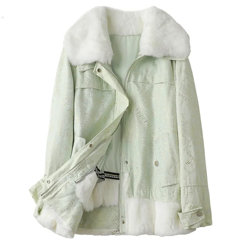 Women's cropped leather coats with silver studs for an edgy lookWomen's Winter Fashion Real Rabbit Fur Liner Collar Mid-length Coats