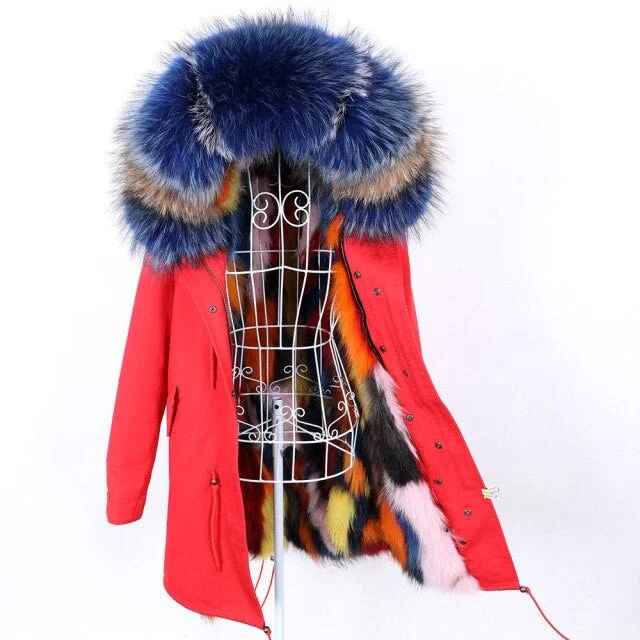 Mid - length women's down coats in a slim fit for a modern and sleek appearanceWomen's Winter Fox Fur Hooded Thick Coat Jacket with Removable Fur Lining