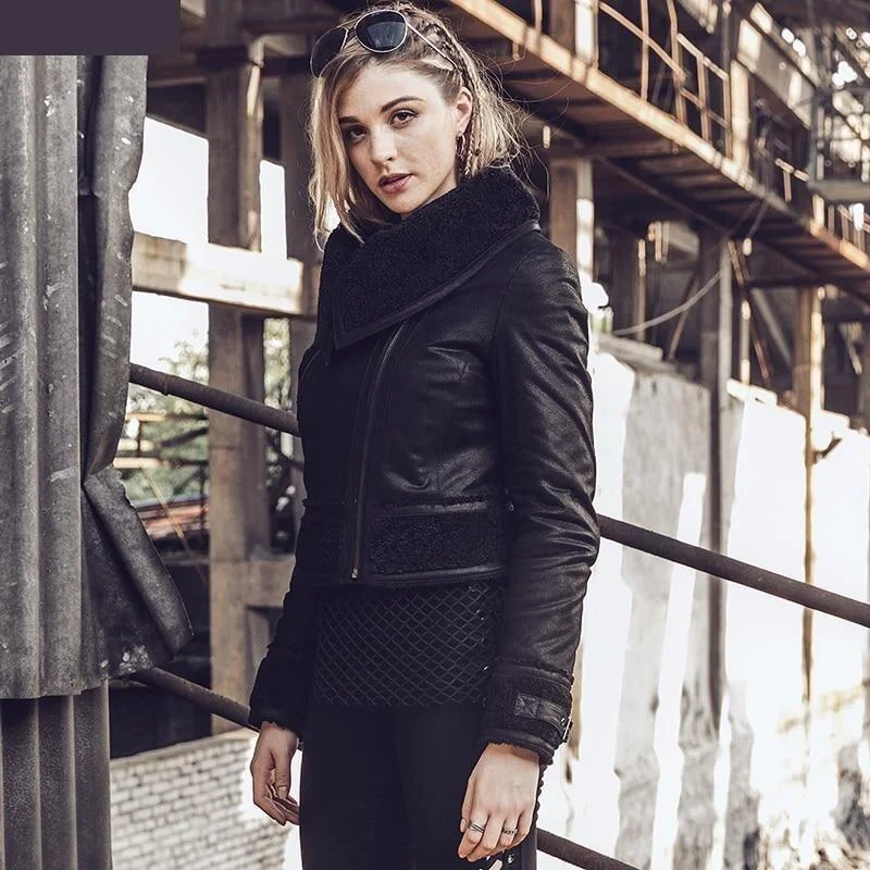 Hooded women's puffer coats in neon colors for high - visibility sportsWomen's Winter Pigskin Leather Faux Fur Shearling Motorcycle Jacket Hooded women's puffer coats in neon colors for high - visibility sportsWomen's Winter Pigskin Leather Faux Fur Shearling Motorcycle Jacket