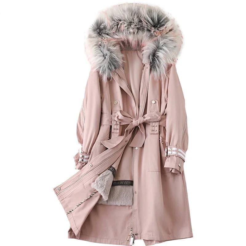 Women's knee - length wool blend coats with a fur collar for added warmthWomen's Winter Raccoon Fur Collar Rabbit Fur Liner Detachable Coat