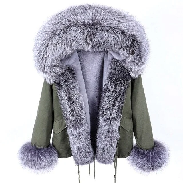 Women's cropped leather coats with silver studs for an edgy lookWomen's Winter Solid Color Full Sleeves Parkas with Natural Racoon Fur Trim
