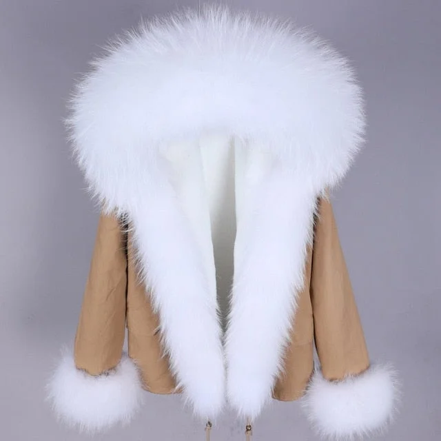 Mid - length women's down coats in a slim fit for a modern and sleek appearanceWomen's Winter Style Contrasting Natural Racoon Fur Sleeves and Collar Parkas