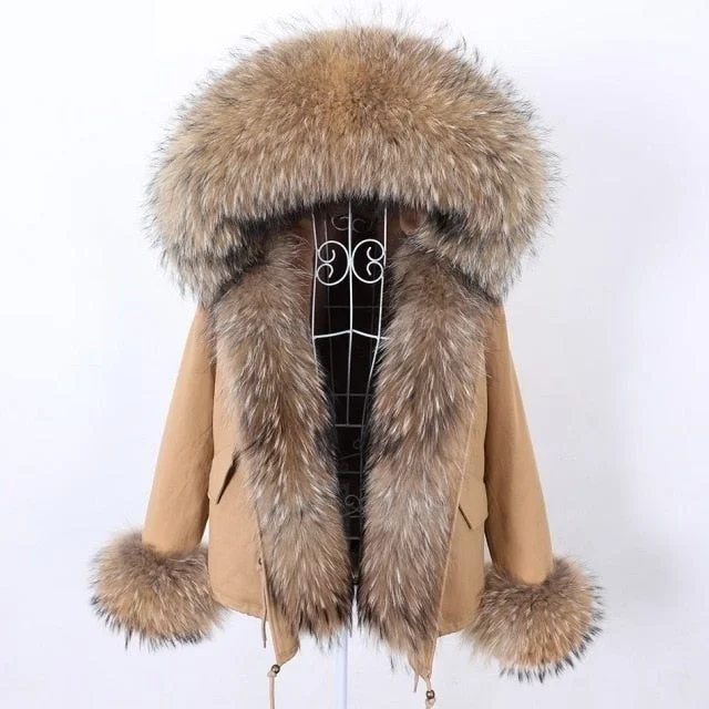 Oversized women's wool coats in a monochromatic look for a trendy outfitWomen's Winter Style Natural Racoon Fur Collar Full Sleeved Thick Parkas