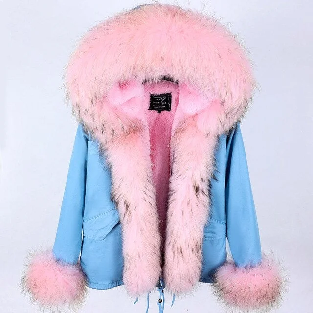 Embroidered women's cotton coats in a bohemian pattern for a unique designWomen's Winter Style Natural Racoon Fur Sleeves and Collar Parkas