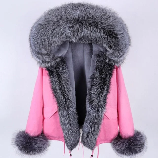 Hooded women's puffer coats in neon colors for high - visibility sportsWomen's Winter Style Parkas with Natural Racoon Fur Trim on Sleeves and Collar