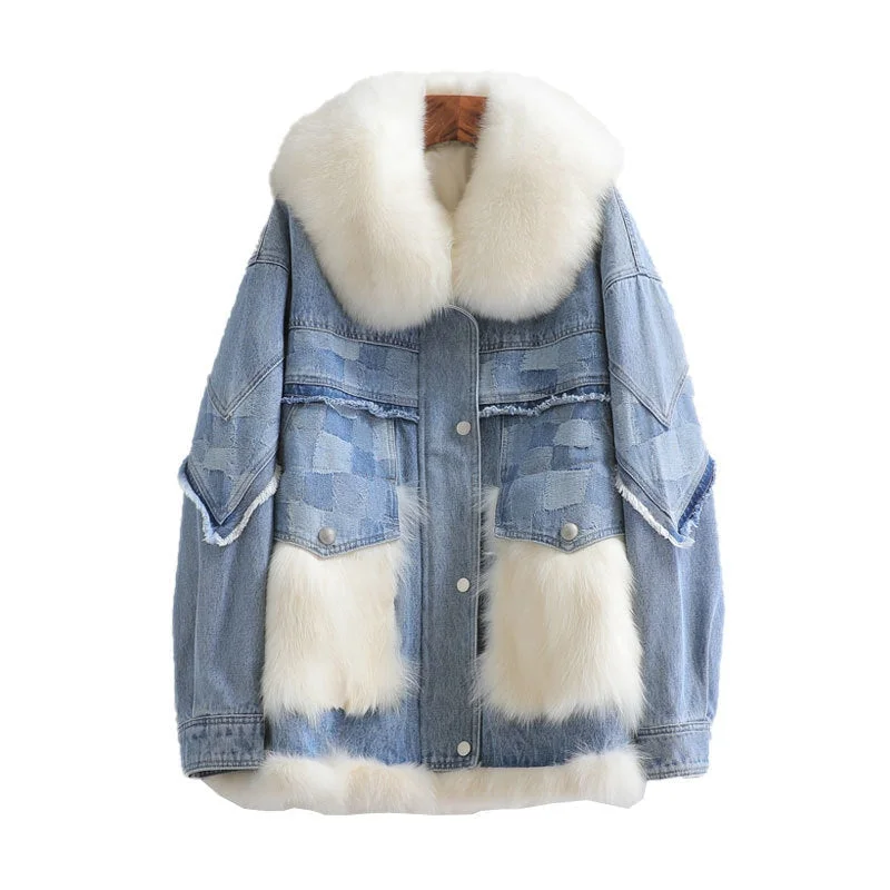 Checkered women's wool coats in a classic pattern for a timeless styleWomen's Winter Warm Collar Denim Patchwork Fox Fur Short Coats Checkered women's wool coats in a classic pattern for a timeless styleWomen's Winter Warm Collar Denim Patchwork Fox Fur Short Coats