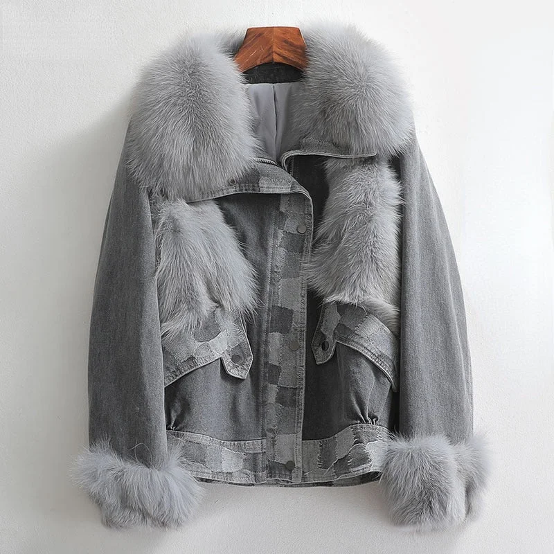 Women's waterproof parka coats with multiple pockets for practicalityWomen's Winter Warm Collar Patchwork Denim Short Fox Fur Coats Women's waterproof parka coats with multiple pockets for practicalityWomen's Winter Warm Collar Patchwork Denim Short Fox Fur Coats