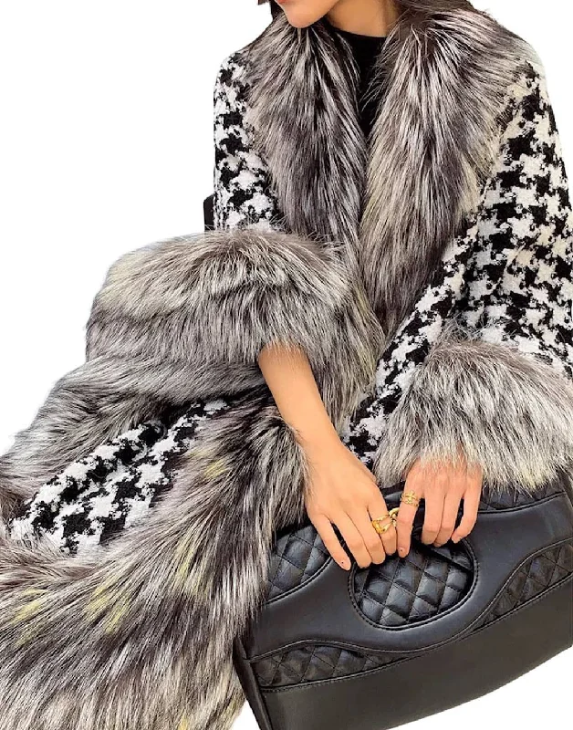 Women's waterproof parka coats with multiple pockets for practicalityWool Fox Fur Trimmed Houndstooth Poncho Women's waterproof parka coats with multiple pockets for practicalityWool Fox Fur Trimmed Houndstooth Poncho