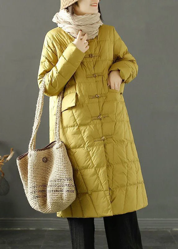 Women's cropped leather coats with silver studs for an edgy lookYellow Duck Down Puffer Jacket Stand Collar Oriental Button Winter