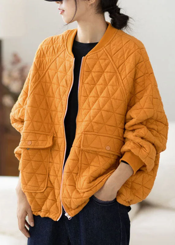 Shearling - lined women's leather coats for ultimate warmth and luxuryYellow O-Neck Zippered Plaid Thick Coats Long Sleeve