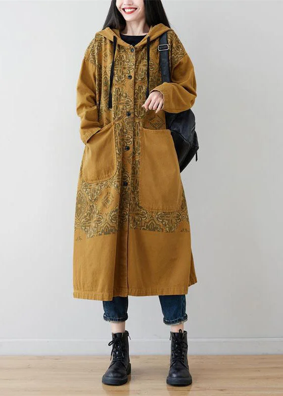 Plus size women's wool blend coats for a warm and stylish winterYellow Pockets Patchwork Print Denim Hooded Long Coat Spring Plus size women's wool blend coats for a warm and stylish winterYellow Pockets Patchwork Print Denim Hooded Long Coat Spring
