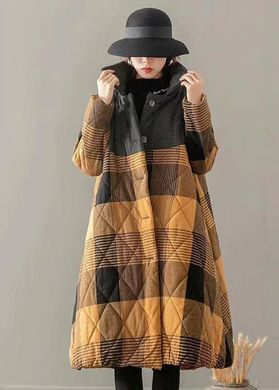 Women's long - sleeve wool coats in a houndstooth pattern for a classic charmYellow Pockets Plaid Patchwork Fine Cotton Filled Coats Button Winter Women's long - sleeve wool coats in a houndstooth pattern for a classic charmYellow Pockets Plaid Patchwork Fine Cotton Filled Coats Button Winter
