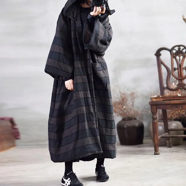 Women's long - sleeve wool coats in a houndstooth pattern for a classic charm2020 Spring Striped New Loose Simple Casual Warm Cotton Long Hooded Coats Women's long - sleeve wool coats in a houndstooth pattern for a classic charm2020 Spring Striped New Loose Simple Casual Warm Cotton Long Hooded Coats