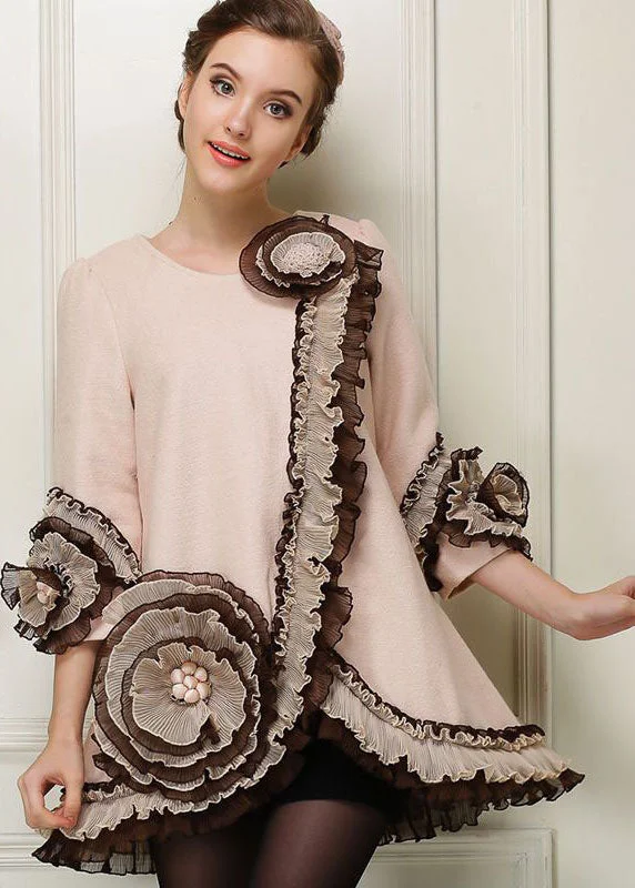 Women's cropped leather coats with silver studs for an edgy lookApricot Patchwork Floral Woolen Coats Ruffled Nail Bead Spring Women's cropped leather coats with silver studs for an edgy lookApricot Patchwork Floral Woolen Coats Ruffled Nail Bead Spring