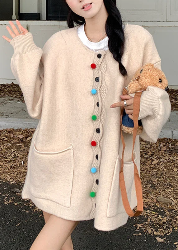 Women's knee - length wool blend coats with a fur collar for added warmthApricot Pockets Patchwork Cotton Knit Sweaters Coat Long Sleeve Women's knee - length wool blend coats with a fur collar for added warmthApricot Pockets Patchwork Cotton Knit Sweaters Coat Long Sleeve