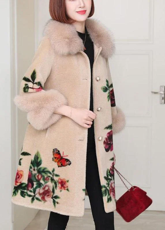 Plus size women's wool blend coats for a warm and stylish winterApricot Print Button Thick Winter Long sleeve Coat Plus size women's wool blend coats for a warm and stylish winterApricot Print Button Thick Winter Long sleeve Coat