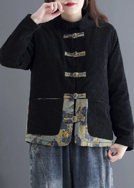 Shearling - lined women's leather coats for ultimate warmth and luxuryArt Black Chinese Button Patchwork Warm Fleece Coat Outwear Winter Shearling - lined women's leather coats for ultimate warmth and luxuryArt Black Chinese Button Patchwork Warm Fleece Coat Outwear Winter