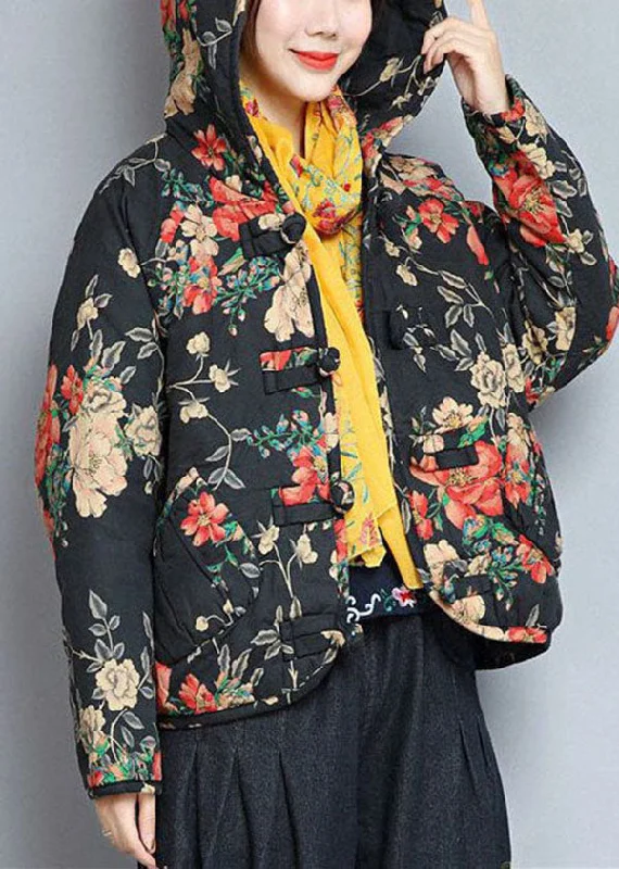 Women's knee - length wool blend coats with a fur collar for added warmthArt Black Hooded Pockets Print Fine Cotton Filled Womens Coats Winter Women's knee - length wool blend coats with a fur collar for added warmthArt Black Hooded Pockets Print Fine Cotton Filled Womens Coats Winter