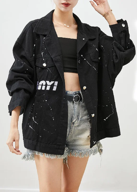 Women's pea coats with brass buttons for a nautical - inspired styleArt Black Oversized Letter Print Denim Jackets Fall Women's pea coats with brass buttons for a nautical - inspired styleArt Black Oversized Letter Print Denim Jackets Fall
