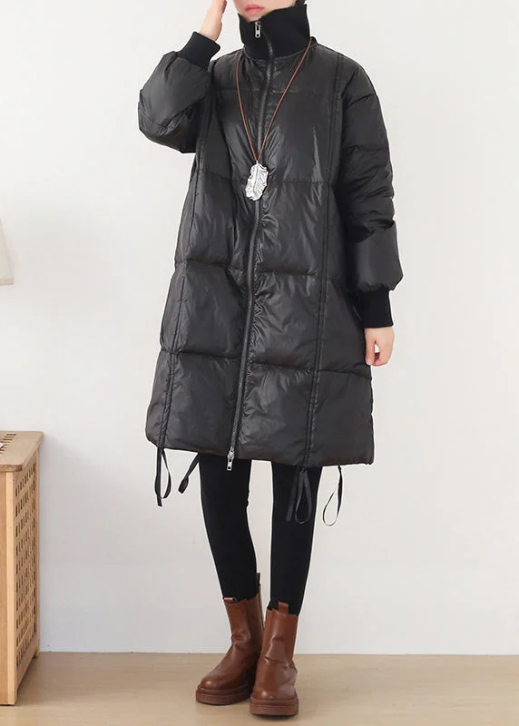 Hooded women's puffer coats in neon colors for high - visibility sportsArt Black Stand Collar Drawstring Zippered Duck Down Long Down Coats Winter Hooded women's puffer coats in neon colors for high - visibility sportsArt Black Stand Collar Drawstring Zippered Duck Down Long Down Coats Winter