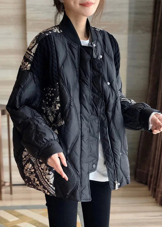 Water - resistant women's trench coats with adjustable cuffs for rainy daysArt Black Stand Collar Print Patchwork Zippered Button Duck Down Down Coat Winter Water - resistant women's trench coats with adjustable cuffs for rainy daysArt Black Stand Collar Print Patchwork Zippered Button Duck Down Down Coat Winter