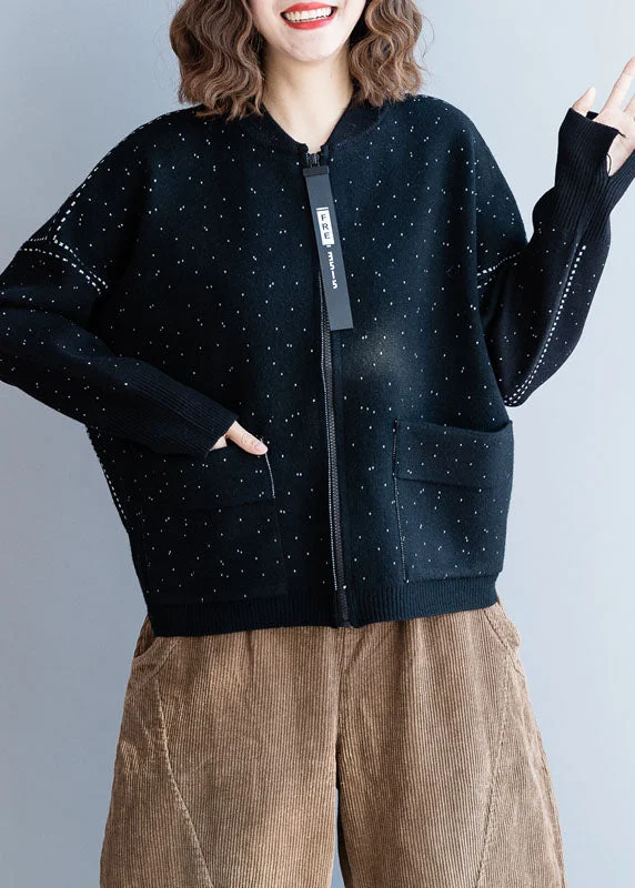 Oversized women's wool coats in a monochromatic look for a trendy outfitArt Black Stand Collar Zip Up Dot Knit Coats Winter Oversized women's wool coats in a monochromatic look for a trendy outfitArt Black Stand Collar Zip Up Dot Knit Coats Winter