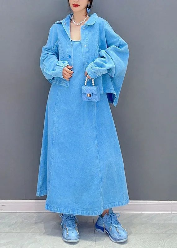 Plus size women's wool blend coats for a warm and stylish winterArt Blue Peter Pan Collar Patchwork Coat And Dress Denim Two Pieces Set Spring Plus size women's wool blend coats for a warm and stylish winterArt Blue Peter Pan Collar Patchwork Coat And Dress Denim Two Pieces Set Spring
